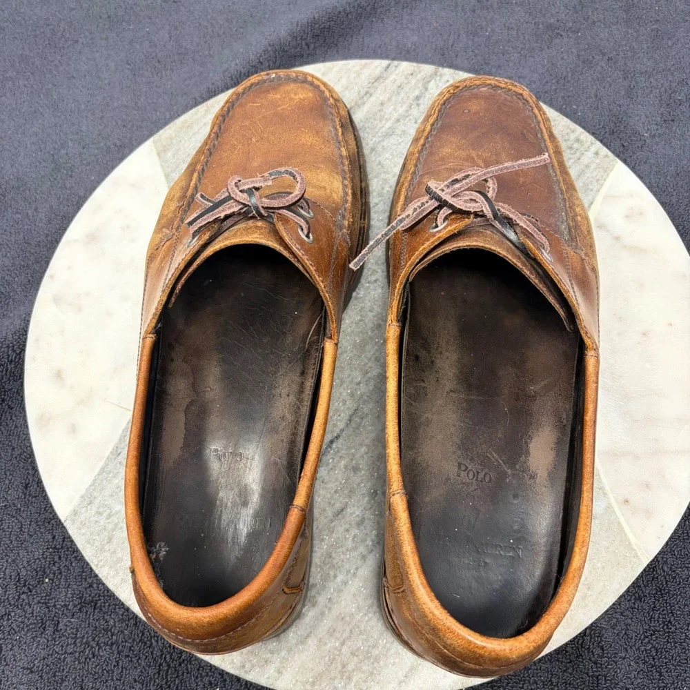 Polo Ralph Lauren Mens Brown Leather Boat Shoes Lug Sole Sz 10.5 Preppy Coastal